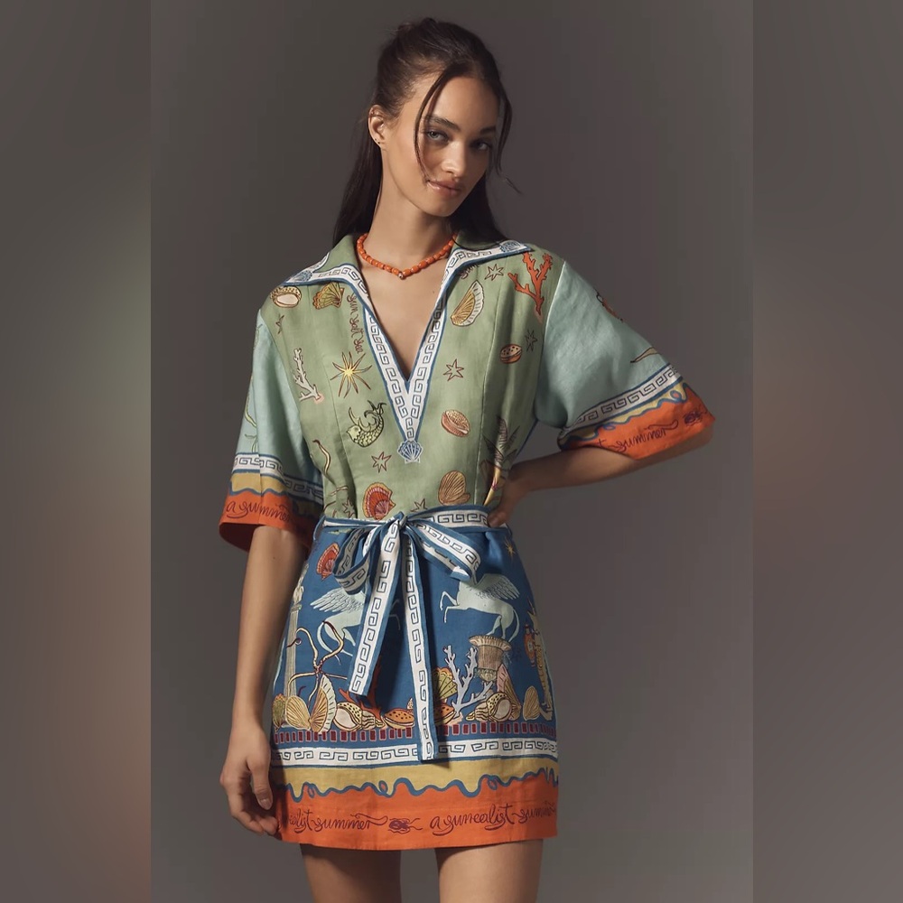 Alemais x Anthropology Surrealist summer short sleeve linen mini dress